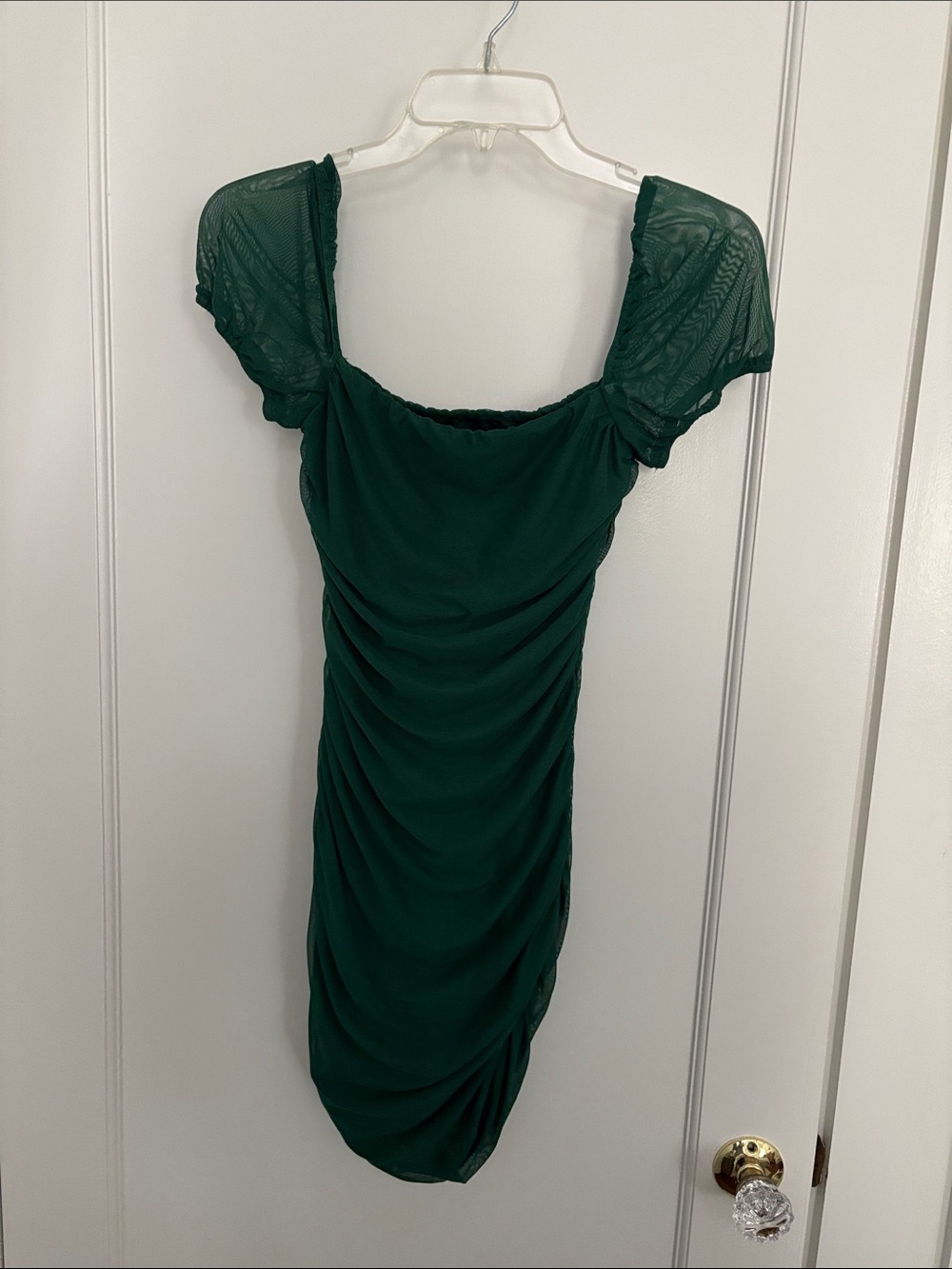 Princess Polly Deep Green Ruched Mini Dress with Sheer Puff Sleeves